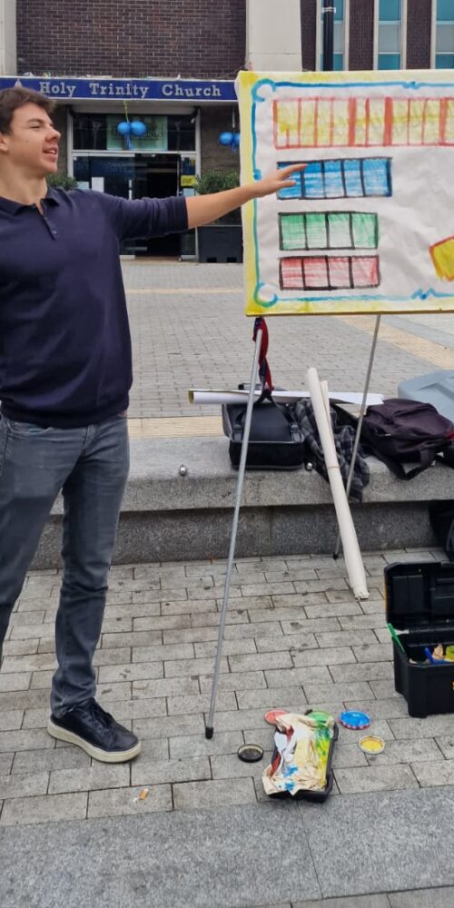 Edward preaching a sketchboard message outside a church